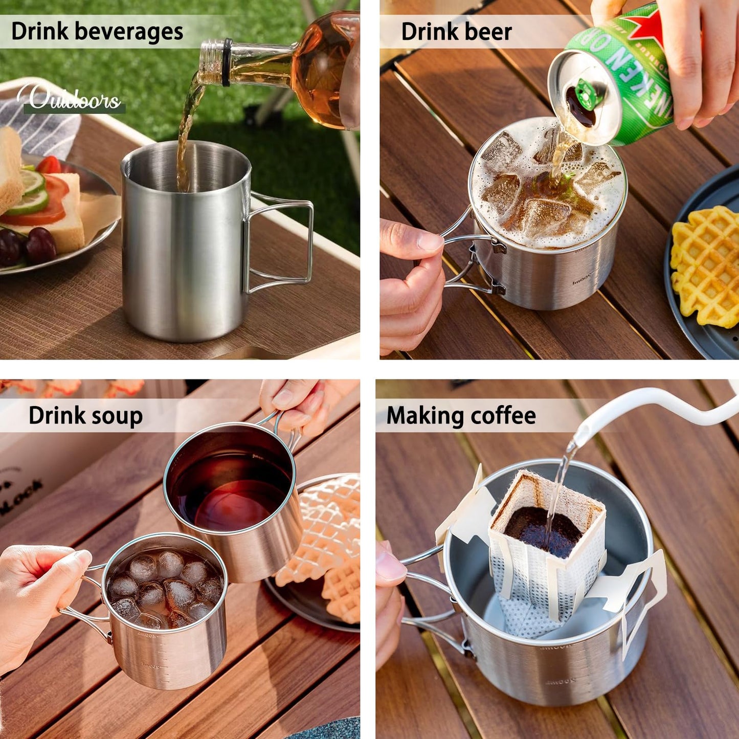 3PCS Camping Kettle Outdoor Campfire Camp Kettle Set with 2 Cups, 1L Stainless Steel camping tea kettle Coffee Pot, Portable Lightweight Teapot, Ideal for Hiking Picnic Travel, Silver