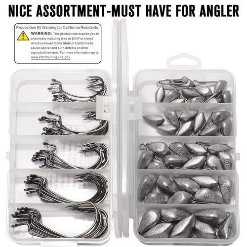 Dovesun 95Pcs Fishing Hooks and Weights Kit Texas Rig Hooks Swing Jig Heads for Bass Fishing Fishing Weights Sinkers with 1/8OZ 3/16OZ 1/4OZ 3/8OZ 1/2OZ Ned Rig Hooks Weedless 1# 1/0 2/0 3/0 4/0
