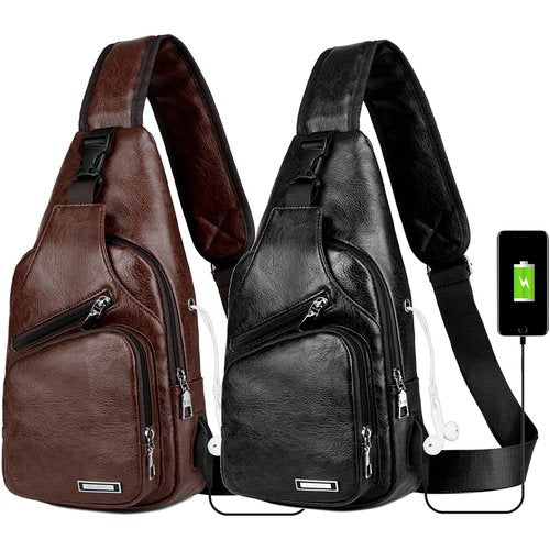 Peicees Pack of 2 Large Leather Sling Bag Mens Crossbody Bag Chest Bag Sling Backpack for Men with USB Charge Port, Dark Brown&Black