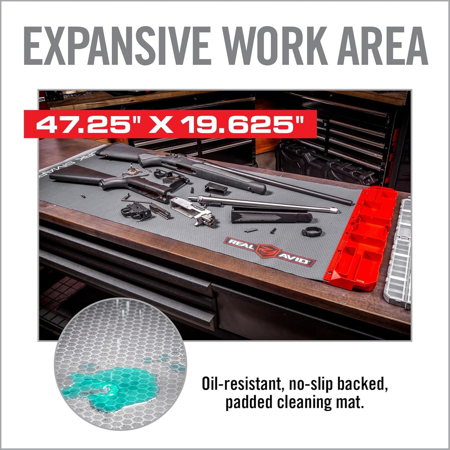 Real Avid Smart Mat Options - Choose 47.25”x19.5” XXL Mat or 43"x16" Universal Smart Gun Mat - Gun Oil Resistant, Non-Slip, Padded Rifle Cleaning Mat
