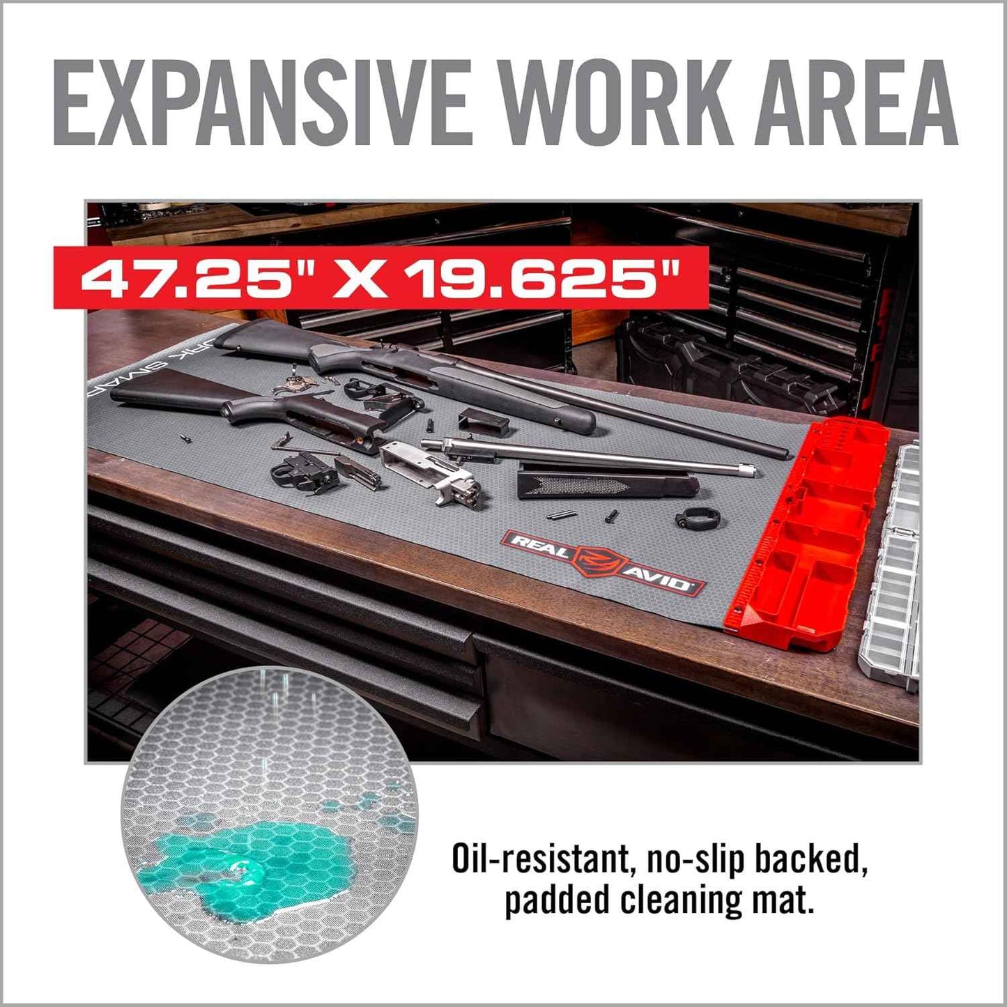 Real Avid Smart Gun Cleaning Mat - XXL 47.25”x19.5” or Universal 43"x16" - Non-Slip, Oil Resistant