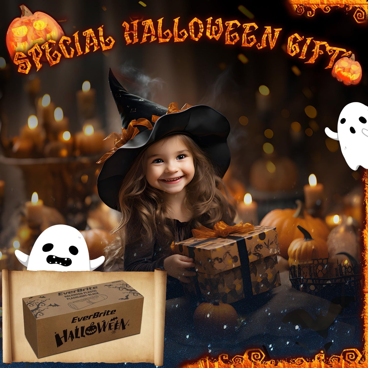 EverBrite Halloween Flashlights Halloween Gifts, Small LED Flash Light Handheld Torch with Lanyard 3AAA Battery Included, 1 Pack-Black