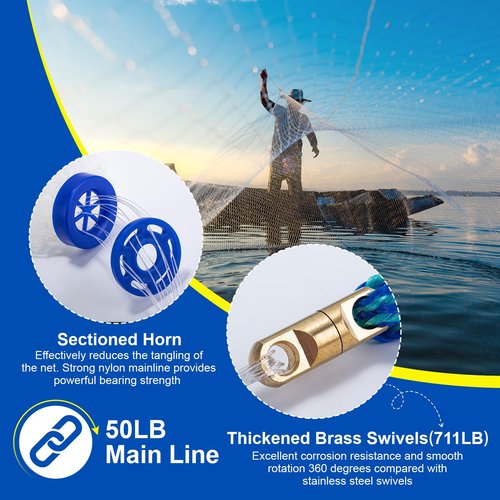 Goture American Fishing Cast Net Saltwater Freshwater,3/8in Mesh Size Casting Net for Bait Fish Shrimp Trap,Pure Lead Sinkers Dual Color Double Selvage,3ft-12ft Radius Throw Cast Net with Needle
