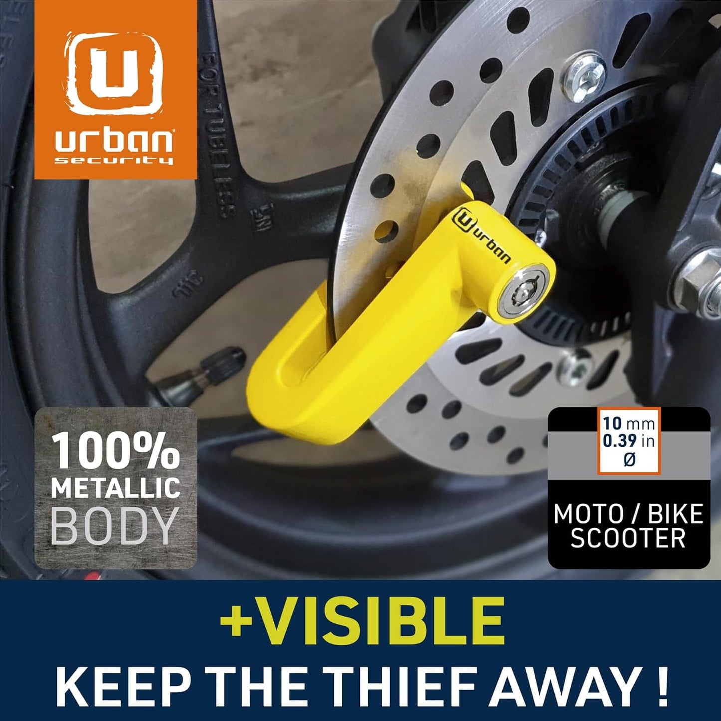 Urban 564A Most Compact Motorcycle Disc Lock, ø5mm, Lightweight, and Portable, More Visible, More Deterrent, Steel, Universal Anti Theft Wheel Brake Lock for Motorbike Scooter Electric Bike Bicycle