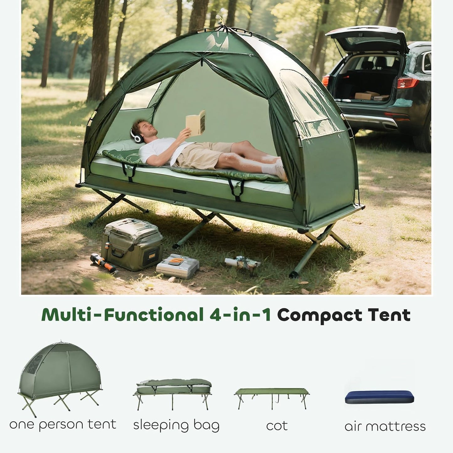 Outsunny Camping Tent Cot, 4-in-1 Folding Tent Cot Combo with Mattress, Pillow, Sleeping Bag, Roller Carrying Bag, Off Ground Travel Camp Cot for Hiking, Backpacking, Picnic
