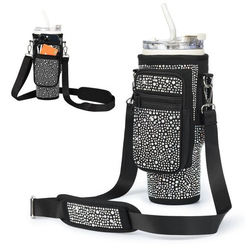 Bling Diamond Water Bottle Carrier Bag with Phone Pocket for Stanley 40/30 oz Tumbler with Card Holder,Neoprene Water Bottle Holder Pouch with Adjustable Strap for Stanley Cup Accessories