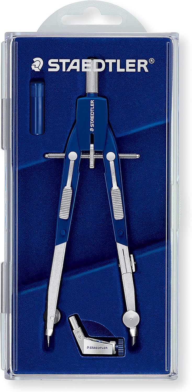STAEDTLER Comfort Metal Quick Setting 6" Compass 2 Piece Set: Universal Adapter, Push-Button Mechanism & Extra Leads - Draws Circles up to 350mm