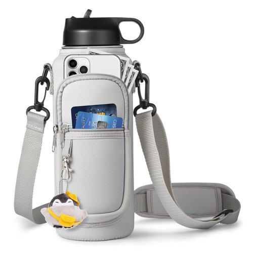 RRegeny Water Bottle Holder with Strap for Hydroflask 32oz 40oz, Carrier Sling Bag with Phone Pocket Sleeve for Men Women Hiking Camping Travelling (Gray40oz)