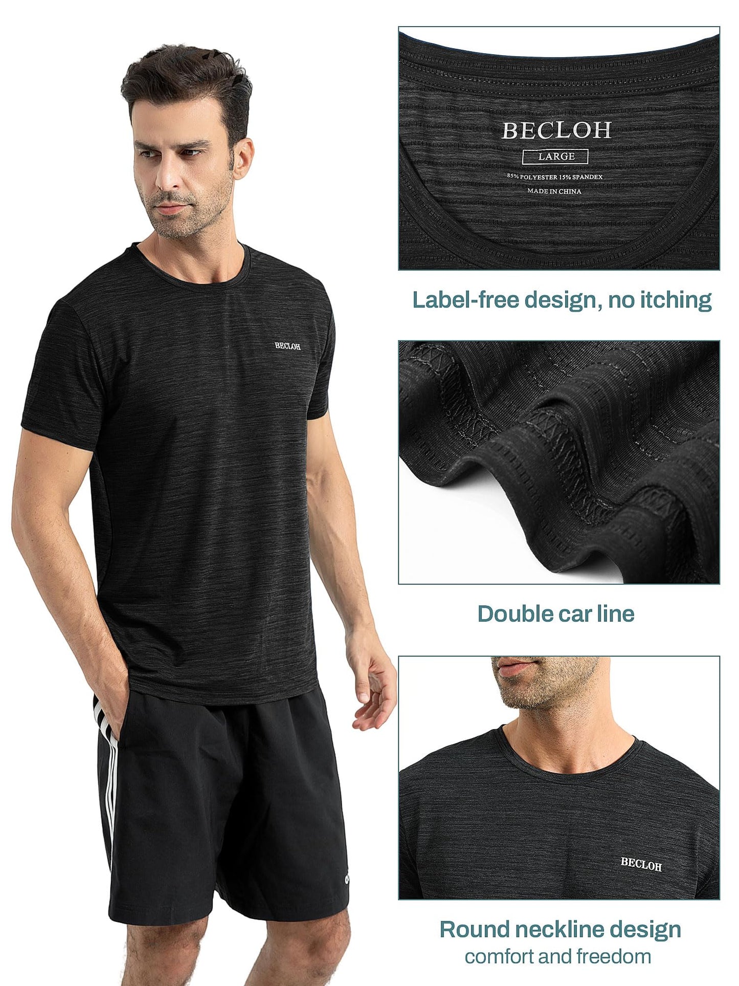 BECLOH Men’s Dry-Fit T-Shirts Moisture Wicking Short Sleeve Mesh Athletic Workout Tees Crewneck Polyester Shirts(Dark Grey*3,M)