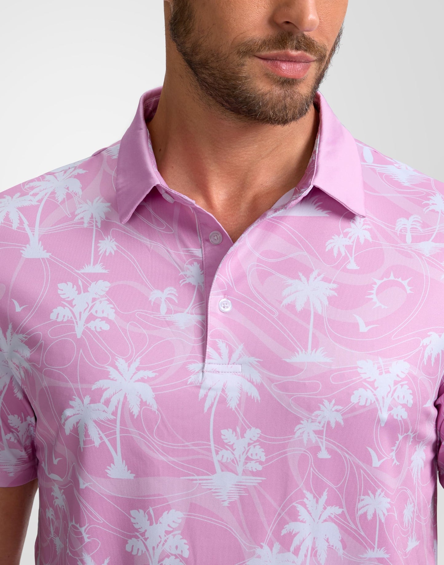 Obla Mens Golf Polo Shirts Short Sleeve Dry Fit Casual Print Collared Golf Shirts Wicking for Men(Pink Coconut Beach_XXL)