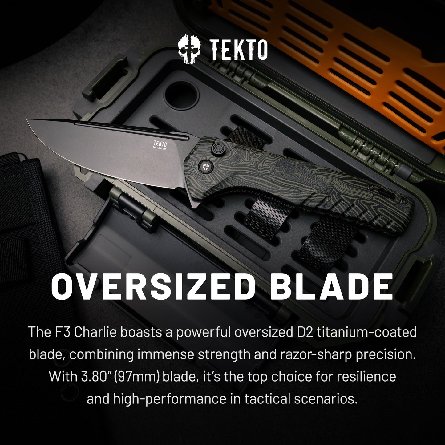 TEKTO F3 Charlie Button Lock Folding Knife, Oversized Fine Edge Blade, Tactical Damascus G10 Handle - Easy Open Pocket Knife with Titanium Coated D2 Steel & Black Titanium Barrel Spacers