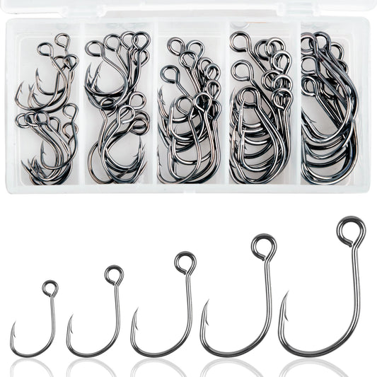 Inline Single Hooks Kits,Single Replacement Fishing Hooks for Lure Plugs Baits High Carbon Steel Inline Circle Hooks Large Eyes Saltwater&Freshwater 50PCS
