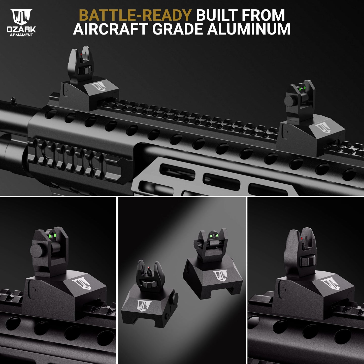 OZARK ARMAMENT Fiber Optic Flip Up Iron Sights - Flip Up Sights Rail Mounted Battle Sights - Front and Rear Sight Set
