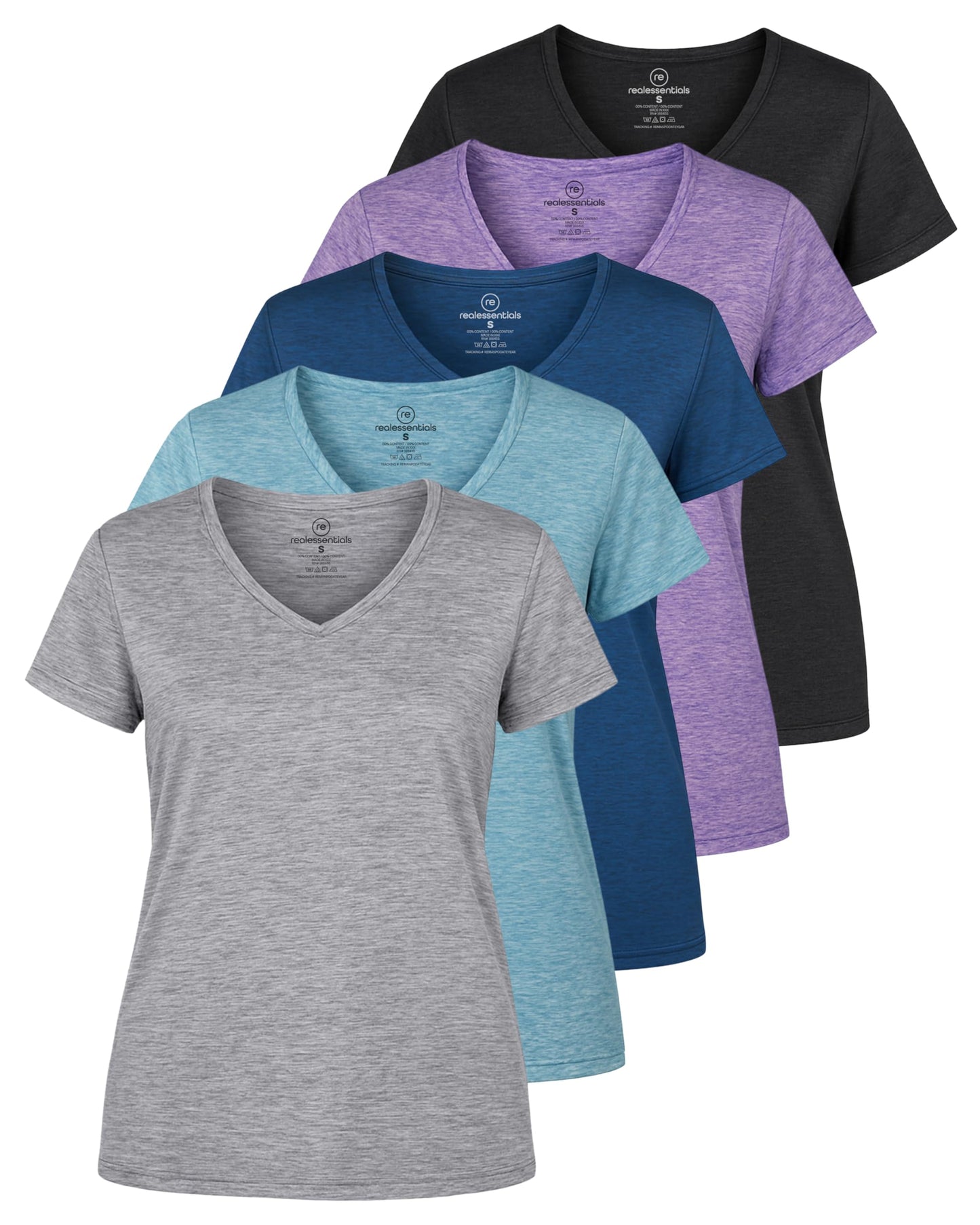 Real Essentials 5 Pack: Women's Dry-Fit Short Sleeve V Neck T Shirt Workout Fitness Yoga Top Tee, Set 1, L