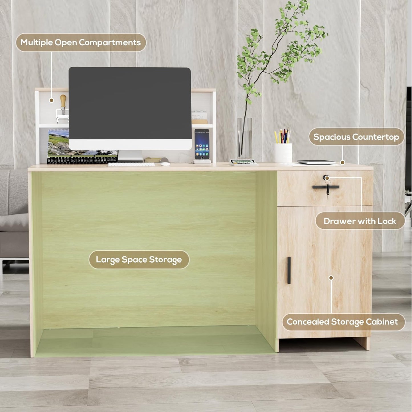 TUSY Modern Reception Desk with Storage Drawers, 55.1" Office Counter with Power Outlets, Contrast Color Secretary Table, Front Desks for Salon, Lobby – White (55.1" W x 23.6" D x 43.3" H)