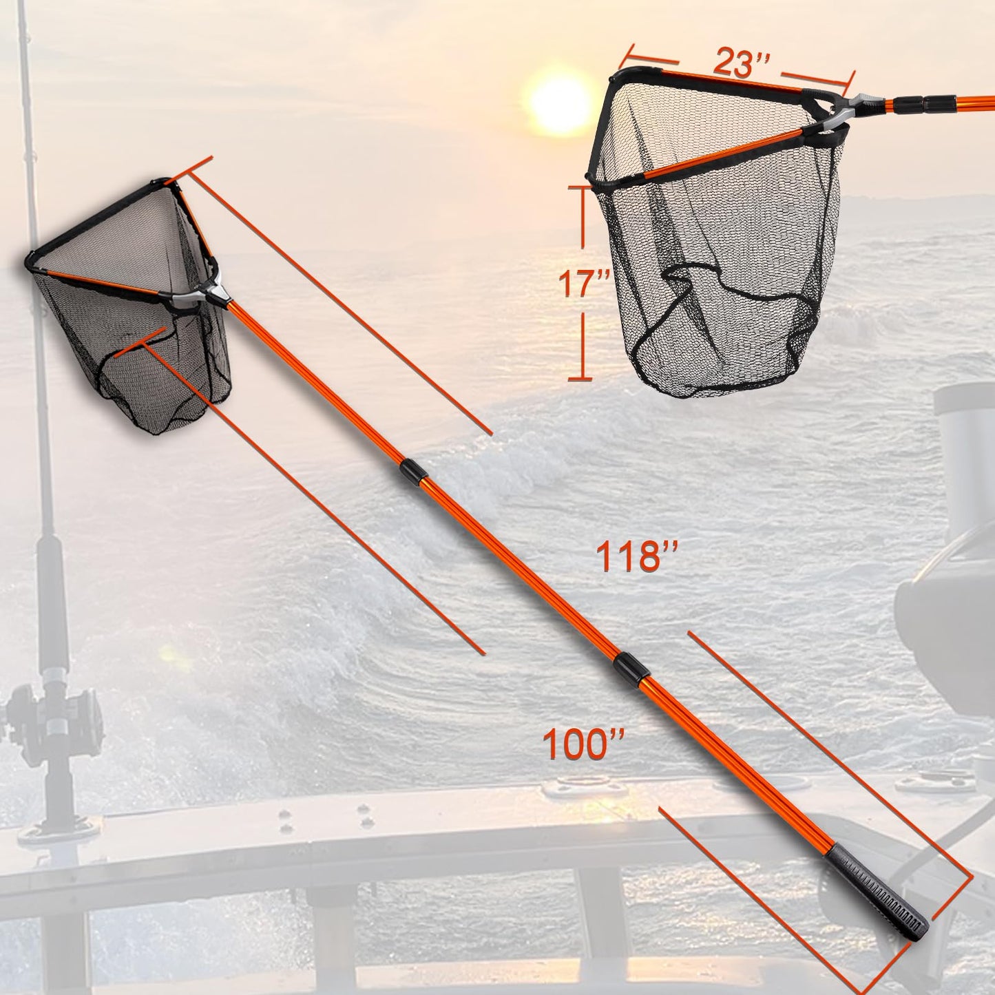 Fiblink Folding Aluminum Fishing Landing Net Fish Net with Extending Telescoping Pole Handle (Orange-Extend Length: 59-118 inches)