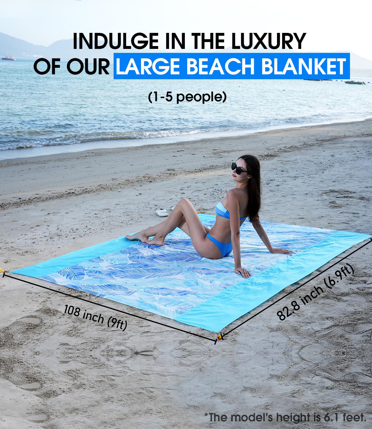 JOYLAMA Beach Blanket Sandproof，Waterproof Beach Mat for Kid Pool, Outdoor Blanket for Beach, Vacation, Picnic Bkanket with Portable Bag, 4 Stakes & 3 Water Bag for 1-5 People(Large)