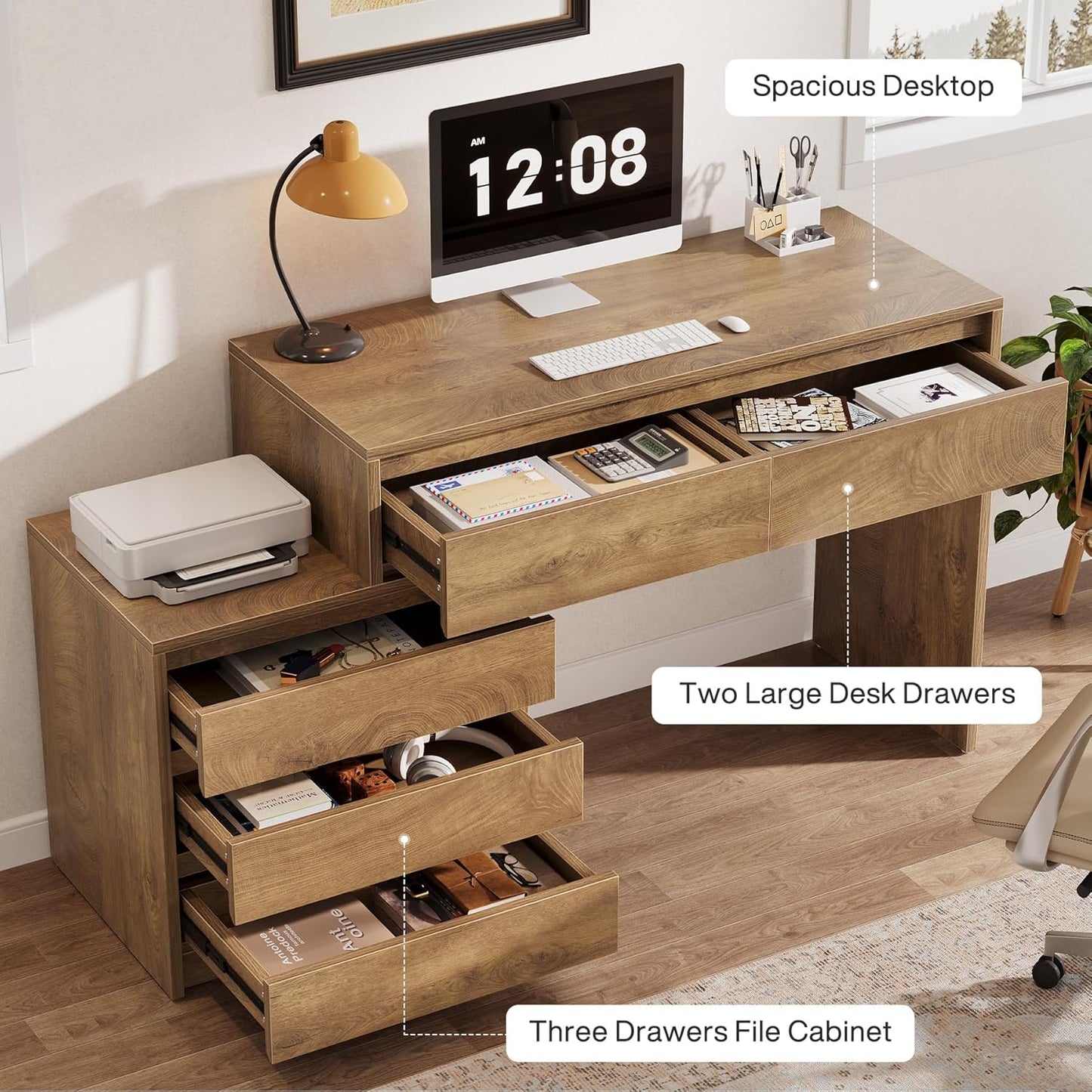 Tribesigns Computer Desk with 5 Drawers, Executive Home Office Desk with File Cabinet and Printer Stand, Industrial Rustic Wood Desk for Small Spaces, Study Writing Workstation, PC Table with Storage