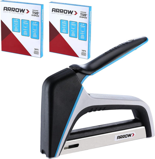 Arrow T50 Staple Gun Kit, Lightweight & Comfortable Grip, with 3750 Pieces T50 1/4", 3/8", 1/2" Staples, for Upholstery Professional Projects, T50X TacMate
