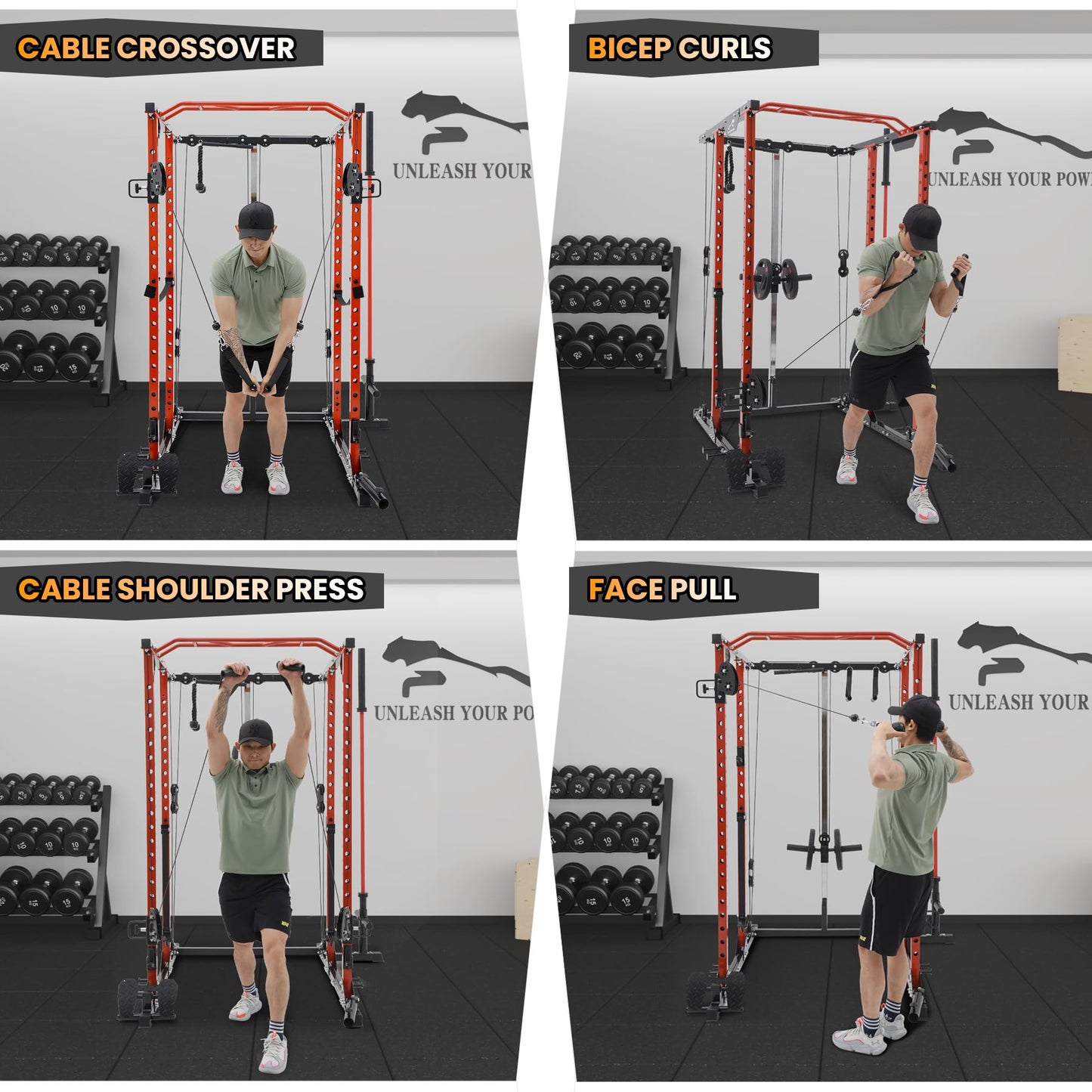 GaveeLife Power Cage, 2000 LBS Power Rack with Cable Cross-Over System, Multi-Functional Strength Training Squat Rack with LAT Pull Down System, Home Gym Equipment with Training Attachment, Red