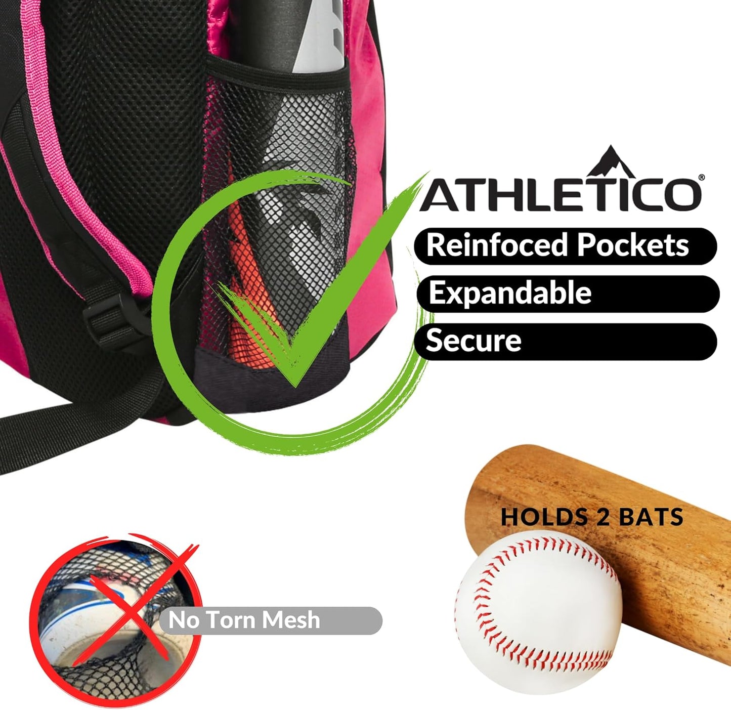 Athletico Youth Baseball Bag - Bat Backpack for Baseball, T-Ball & Softball Equipment & Gear | Holds Bat, Helmet, Glove | Fence Hook (Pink)