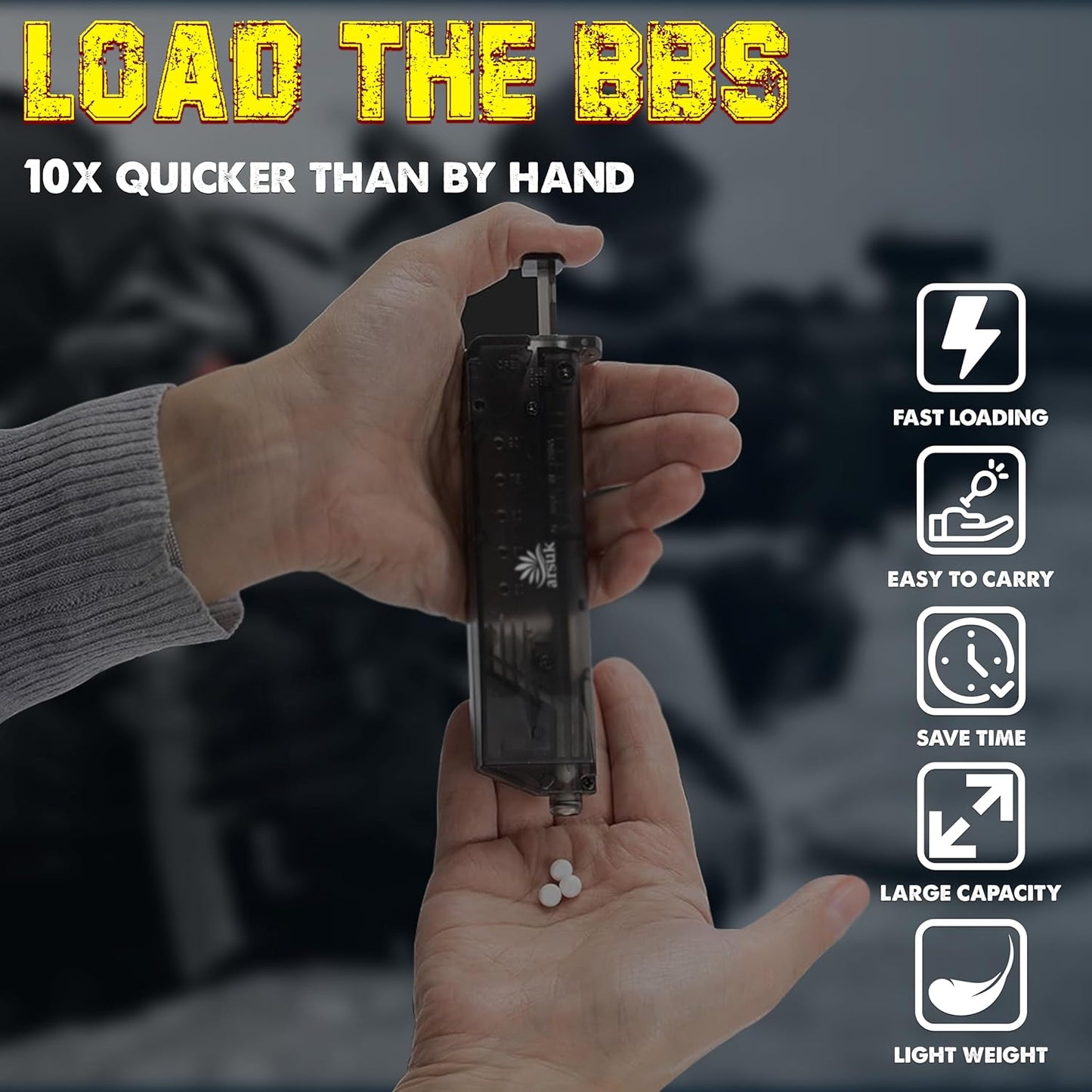 Arsuk Airsoft Speed Loader 6mm with Adapter – 90 Rounds - Black - Speed Reloader 6mm for BB Pellets – Fast Reloading Tool for Airsoft Gun Accessories, Magazines, Pistols, and Rifles