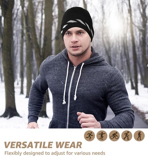 HiRui Winter Beanie Hats for Men Women Knit Fleece Skull Caps Reflective Stripes (Black (Pack of 1))