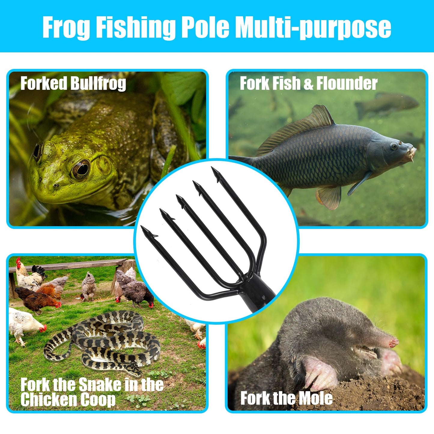 Frebuta Frog Gigging Pole,2 to 6Ft Fishing Gig Gaff with Barbed 5-Prong Harpoon Stainless Steels Flounder Gig Extension Pole Long Handle with Spong Handle Hunting Bullfrog Spears Fish Hook Sturdy