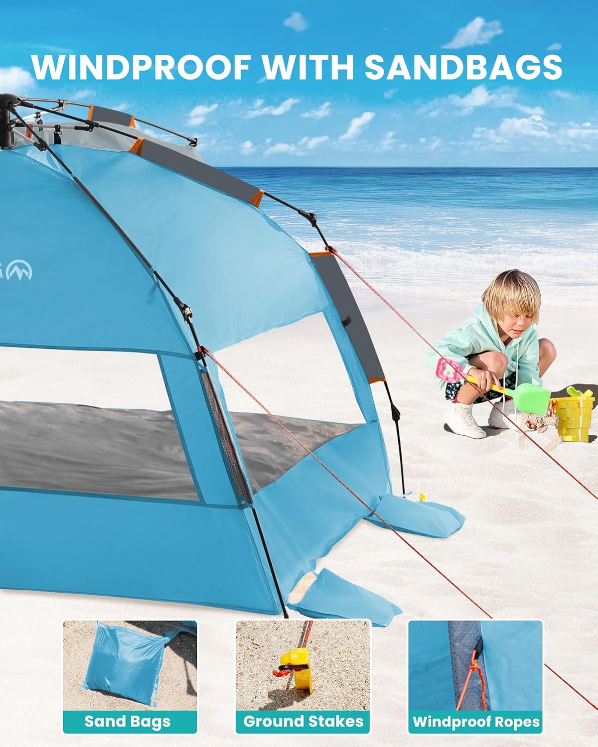 OutdoorMaster Beach Tent Sun Shelter for 3-4 Person, Pop Up Beach Tent Easy Setup with Sandbags, Portable Sun Shade Canopy with Carrying Bag for Beach & Outdoor, UPF50+ UV Protection, Family Size