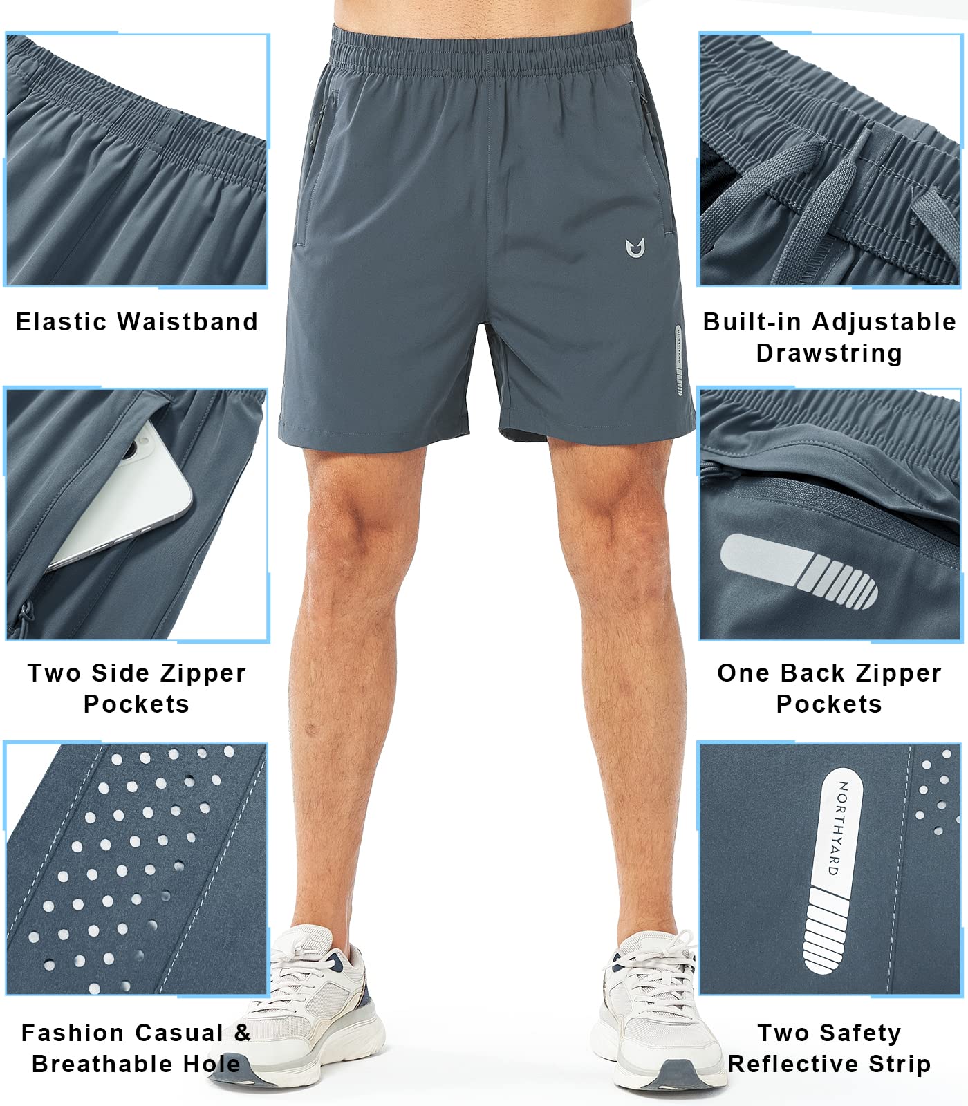 NORTHYARD Men's Athletic Running Shorts Gym Workout 7"/9"/5" Quick Dry Lightweight Sports Basketball Tennis 3 Zipper Pockets COOLGREY-5inch XL