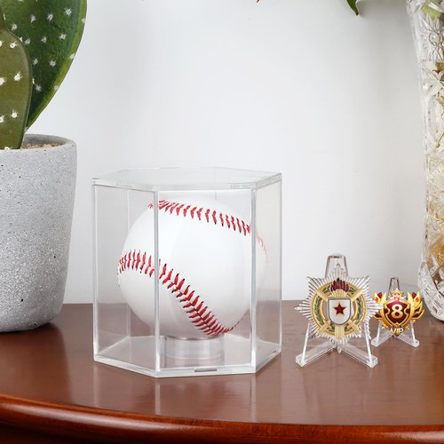 ELEGANTLIFE Baseball Display Case UV Protected Acrylic Clear Hexagon Baseball Holder for Tennis Balls,Coins,Memorabilia,with 1 Ball and 2-Coin Racks for Official Size Ball (Hexagon 1 Pack)