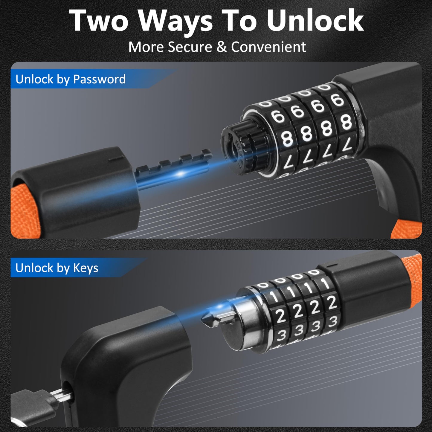 Aucurwen Bike Chain Lock, 3.2FT/4FT Combination & Keys 4-Digit Anti Theft Heavy Duty Bike Lock, Security Resettable Bicycle Lock for Bike, Bicycle, Electric Bike (Orange, 3.2FT Long, 6mm Thick)