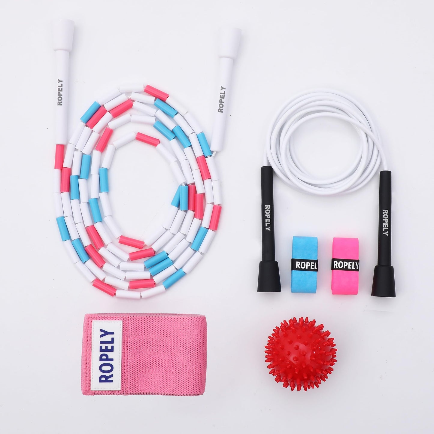 Ropely Skipping Rope 6-in-1 Set Beginner Friendly Kit with Tangle Free Segmented Beaded Rope, PVC Rope, Massage Ball, Resistance Band, and Handle Tape Ideal for Cardio Fitness, Adjustable Length