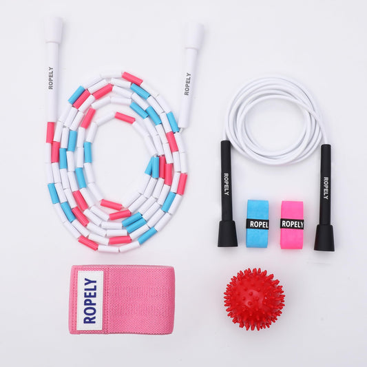 Ropely Skipping Rope 6-in-1 Set Beginner Friendly Kit with Tangle Free Segmented Beaded Rope, PVC Rope, Massage Ball, Resistance Band, and Handle Tape Ideal for Cardio Fitness, Adjustable Length