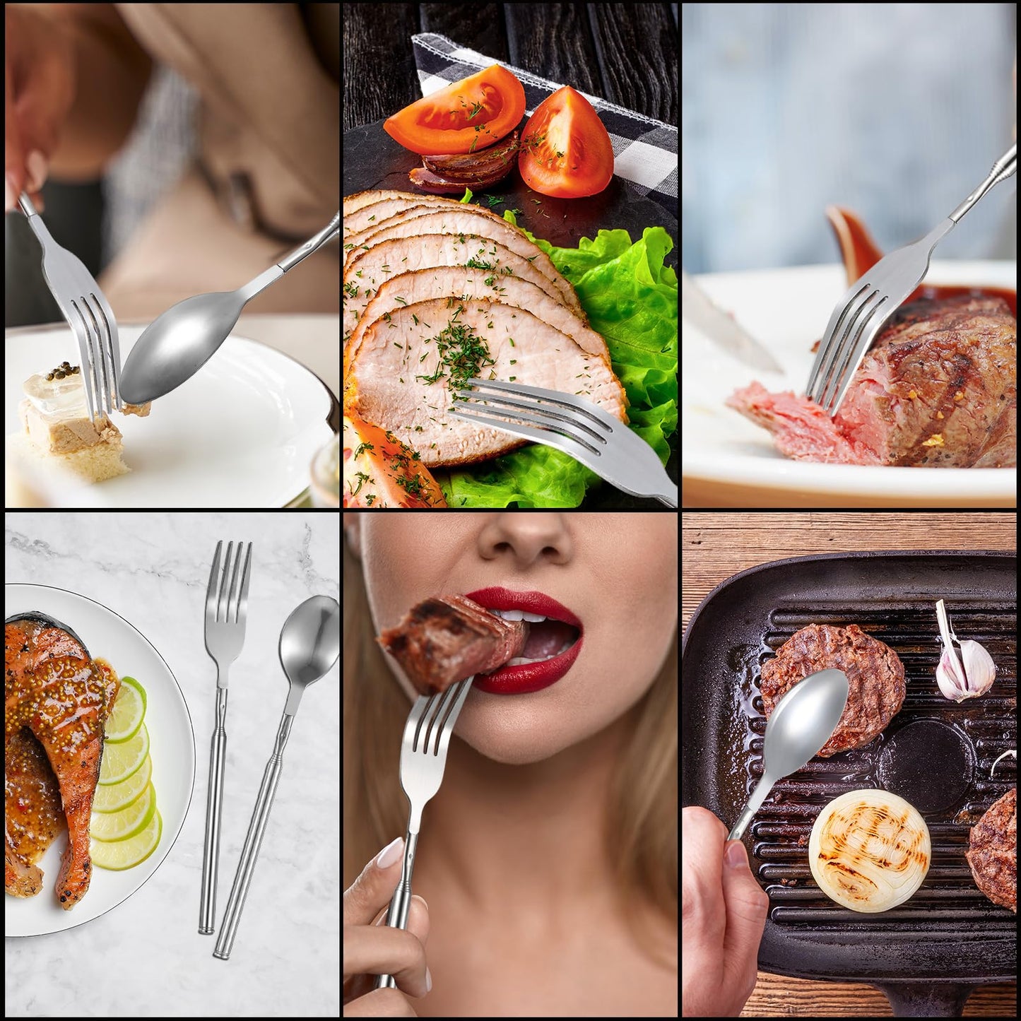 Geetery 2 Pcs Extendable Fork Spoon Set Telescopic Spoon and Long Telescoping Fork Stainless Steel Dinner Retractable Extend to 25 Inch Anti Rust Tableware Supplies for Barbecue Toasting Fruit Dessert