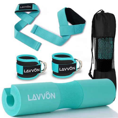 Squat Pad Set - Foam Barbell Pad for Squats Cushion, Lunges & Bar Padding for Hip Thrusts - Standard Weight Bar Pad - With Ankle Straps, Wrist Straps for Weightlifting (Mint)