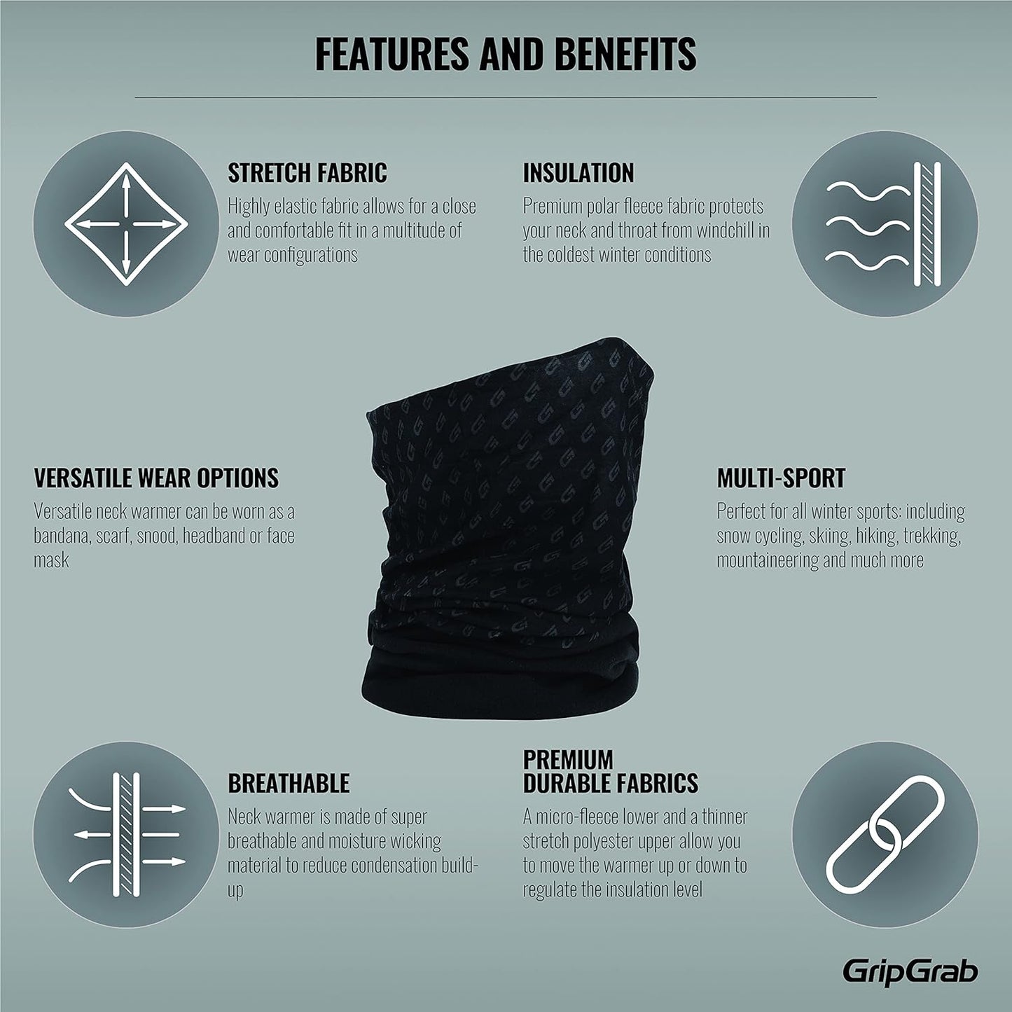 GripGrab Multifunctional Thermal Winter Fleece Neck Warmer Polar Fleece Neck Gaiter Cycling Running Outdoor Neck Scarf Biking