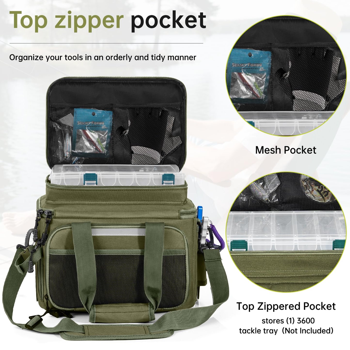 FREEAMG Fishing Tackle Bags - Saltwater & Freshwater Fishing Bag - Padded Shoulder Strap Fishing Bags - Gear Storage for Tackle Box (Green) (Does not come with box)