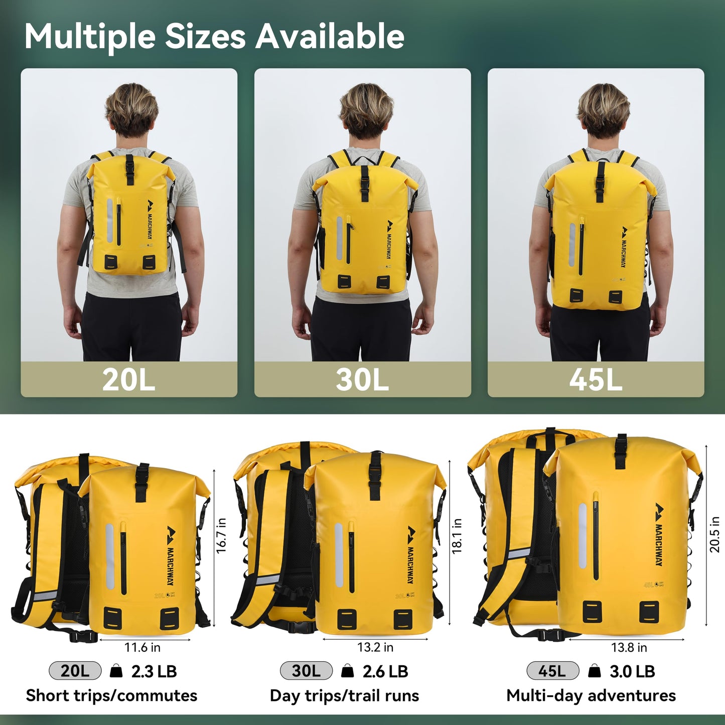 MARCHWAY Roll Top Waterproof Backpack, Floating Dry Bag 20L/30L/45L with Ergonomic Rectangular Base, Cushioned Back, Hip Strap for Hiking Camping Kayaking Travel (Yellow, 20L)