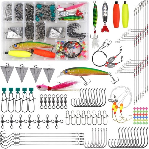 Saltwater Gear Surf Fishing Tackle Kit, Include Saltwater Lures, Pyramid Sinker Weights, Bucktail Jigs, Spoons, Leader Rigs, Catfish Hooks Swivels, Pier Ocean Sea Surf Fishing Accessories
