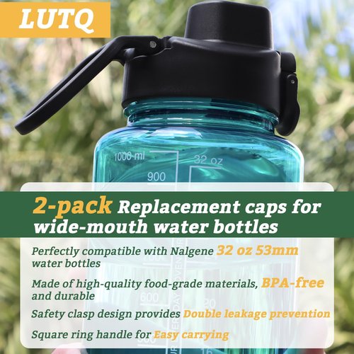 LUTQ 2 Pack Auto Flip Lid Replacement for Nalgene 32 oz 53mm Wide Mouth Bottles, 32 oz Wide Mouth Lid for Nalgene Accessories, Replacement Cap with Handle, Black