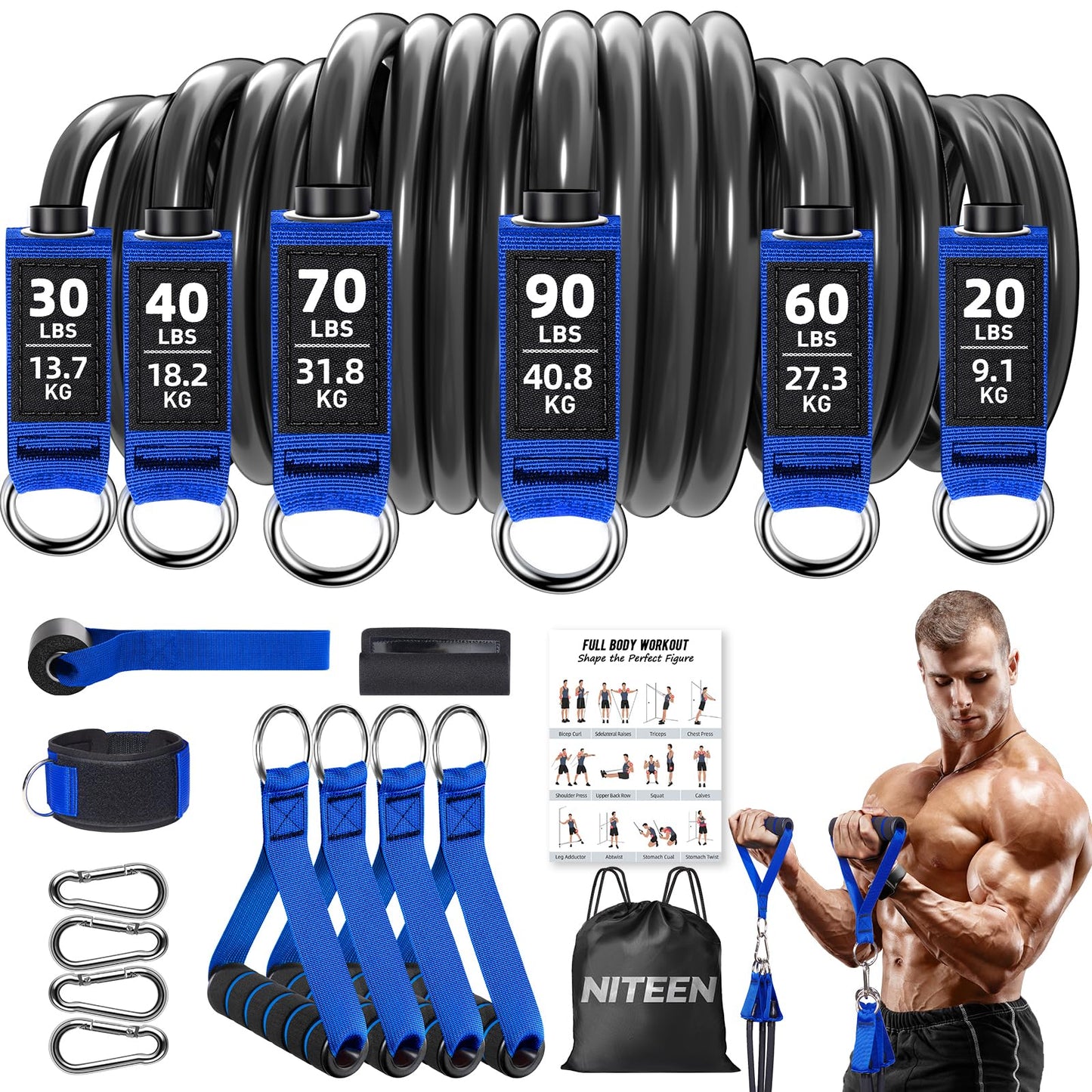 310lbs Heavy Resistance Bands for Working Out, NITEEN Resistance Bands with Handles Weight Exercise Bands for Men Women, Workout Bands with Door Anchor and Ankle Straps Strength Training Equipment