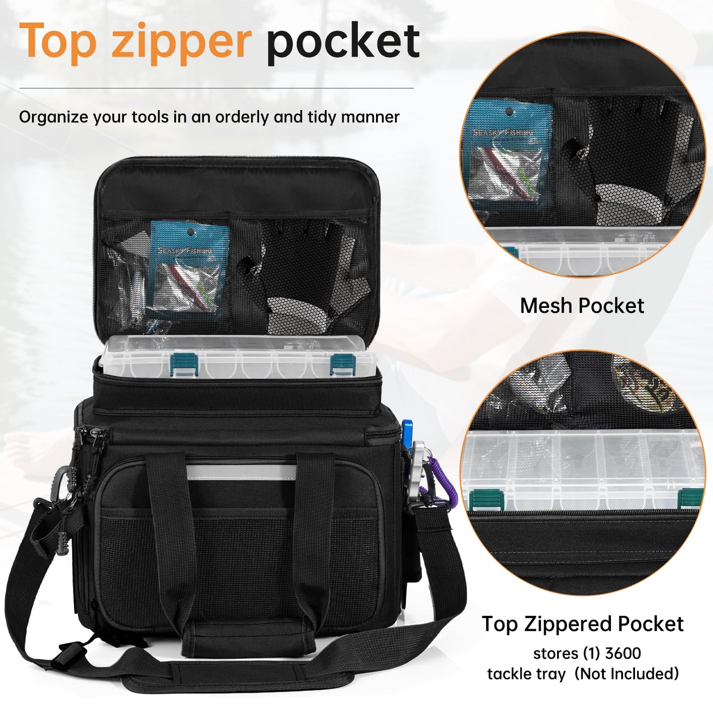 FREEAMG Fishing Tackle Bags - Saltwater & Freshwater Fishing Bag - Padded Shoulder Strap Fishing Bags - Gear Storage for Tackle Box (Black) (Does not come with box)