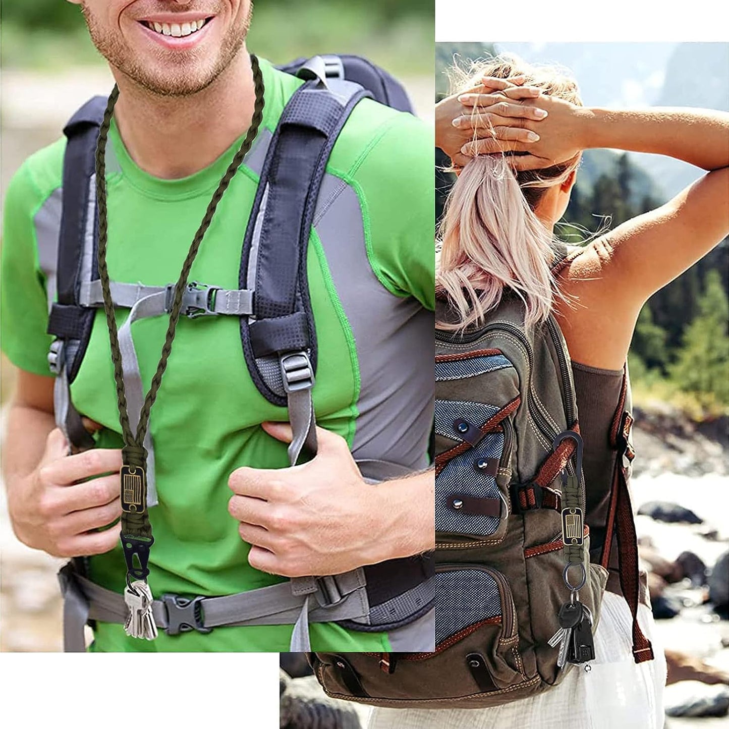 2Pcs Heavy Duty Braided Paracord Lanyard Keychain for Men Women with USA Flag, Parachute Rope Necklace Keychains, Braided Strong Lanyard for Traveling ID Badges Camera Whistle (Army Green)