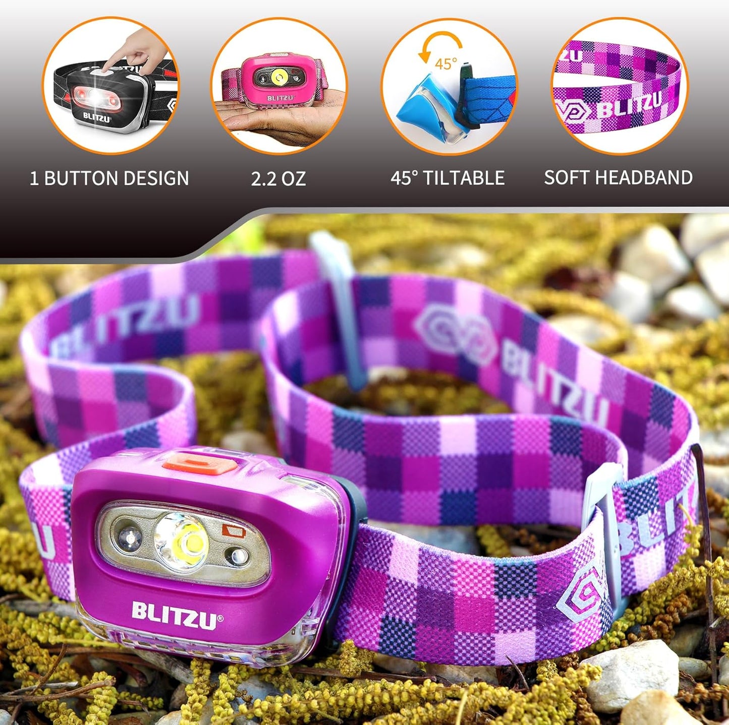 Waterproof LED Headlamp Flashlight for Adults & Kids - Lightweight, Comfortable, White & Red Light for Running, Camping & Hiking - 3 AAA Batteries Included, Purple