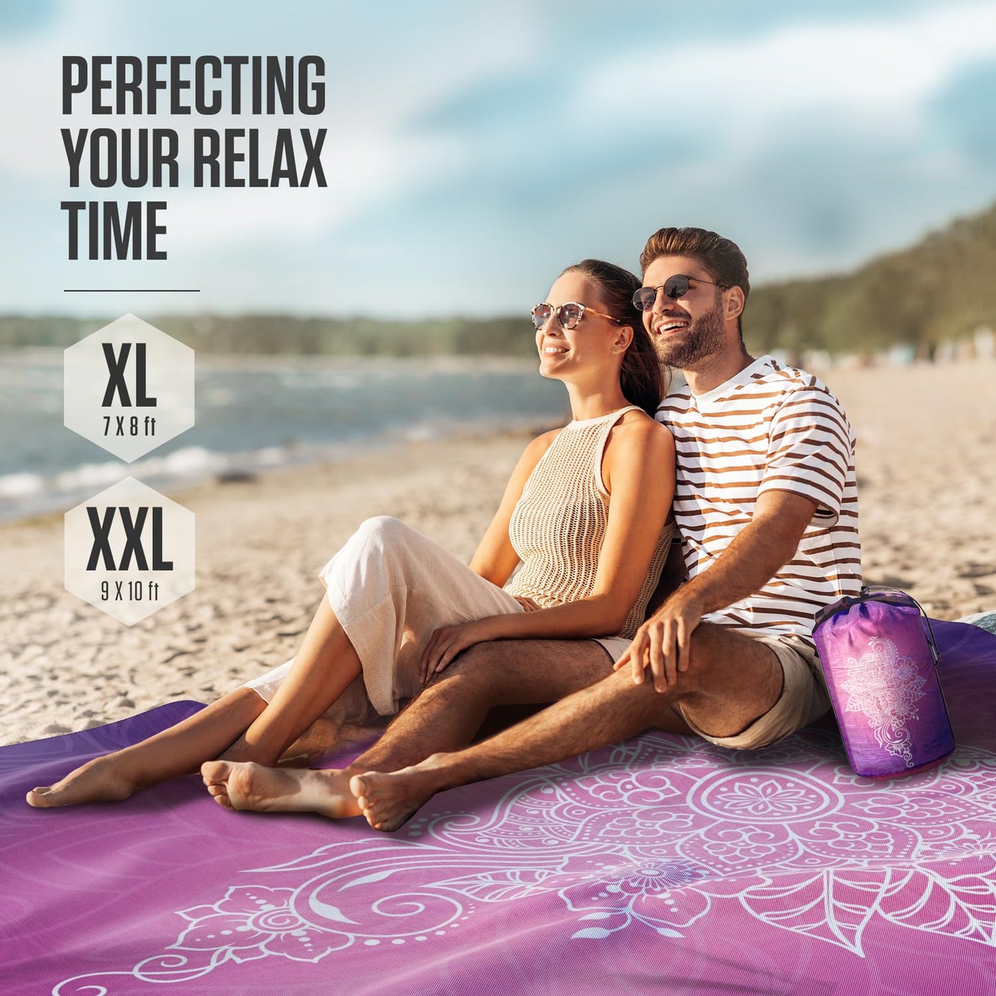 VENTURE 4TH Family-Size Beach Blanket: Sandproof, Waterproof, Lightweight & Compact. Includes Stakes and Carry Bag. 7x8 feet XL Purple Mandala