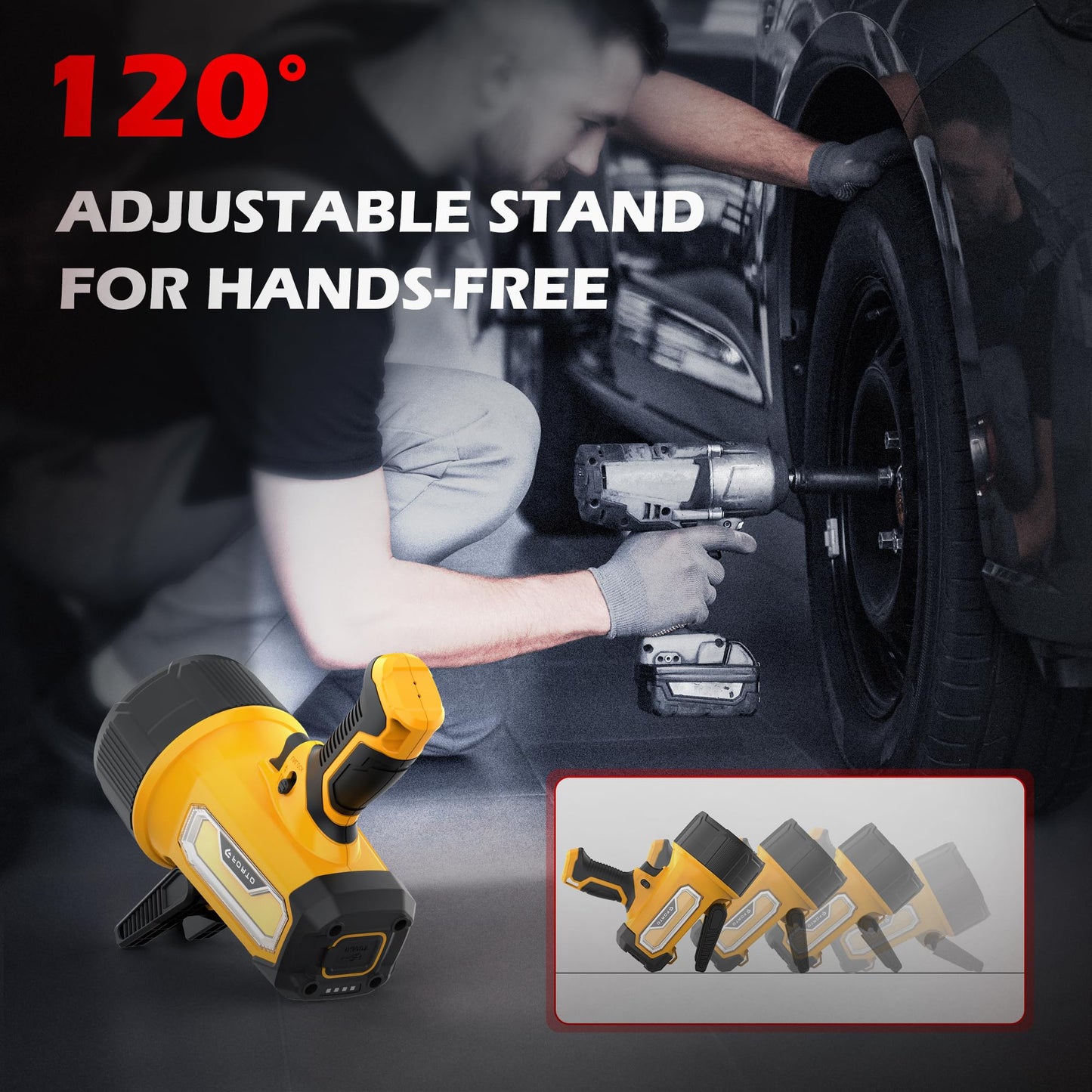 FORTO Rechargeable Spotlight, 200000 Lumens Handheld Spot Light with Foldable Stand, 6 Modes IPX7 Waterproof LED Spot Lights for Walk The Dog Hunting Camping Hiking Boating (Yellow)