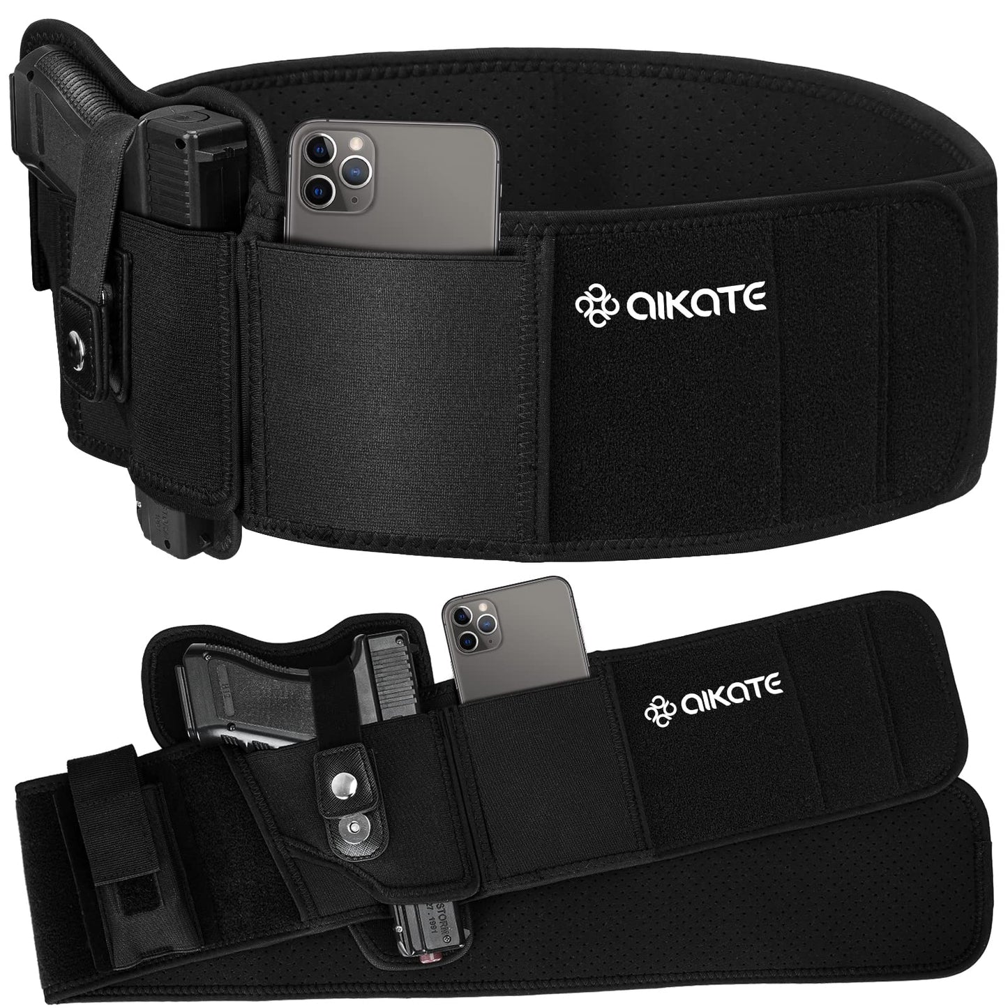 AIKATE Upgraded Belly Band Holster for Concealed Carry, Deep Concealment Gun Holster for Men, Waistband Holsters Fits for Glock 19, 17, M&P Shield 9MM Most Pistols (Fits Belly Up to 45", Right)