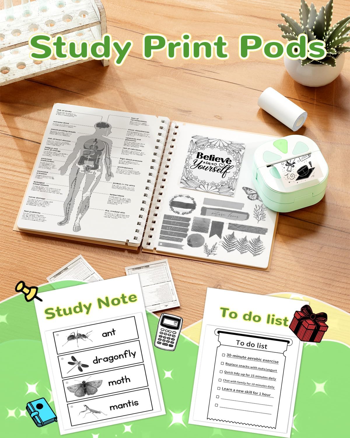 Sticker Printer, Print Pods Mini Printer, Bluetooth Thermal Sticker Maker Machine with 3 Rolls Paper, Print Pod Mini Printers for iPhone, Impresora Portátil for Study Note, Journal, DIY, Kids Gift