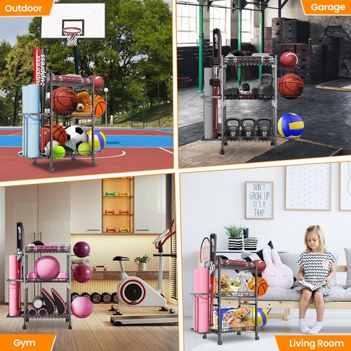 Yoga Mat Storage Rack, Home Gym Storage Rack for Dumbbells Kettlebells Foam Roller and Yoga Strap, Workout Equipment Storage Organizer With Hooks ＆ Wheels, Gym Equipment Storage for Home Exercise